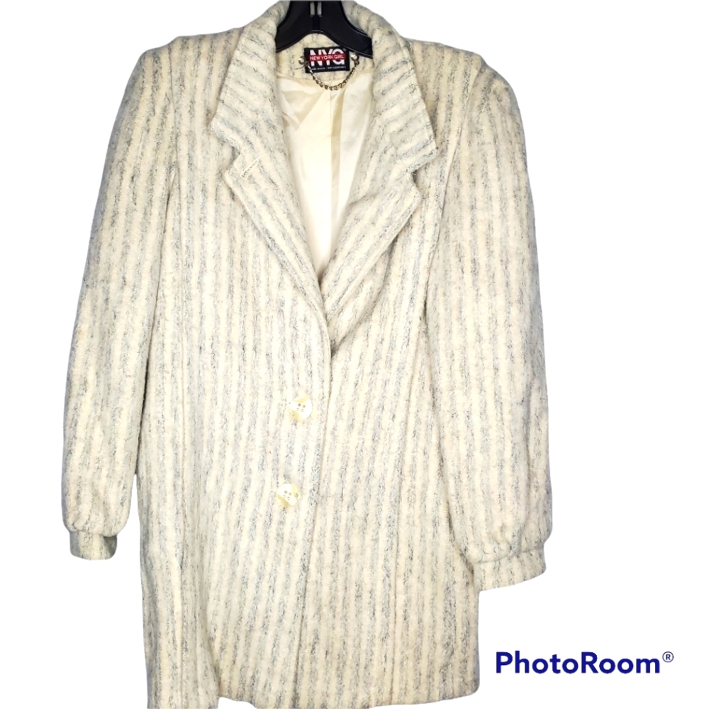 Vintage 80's ilgwu New York Girl wool like coat cream blue‎ stripes